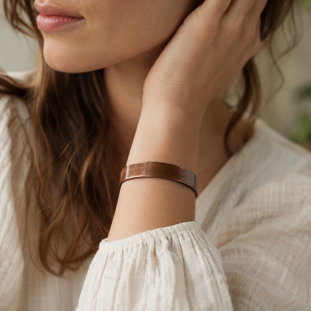 Vintage Burnished Copper Cuff Bracelet 1/2" Wide Patina Minimalist Boho Jewelry